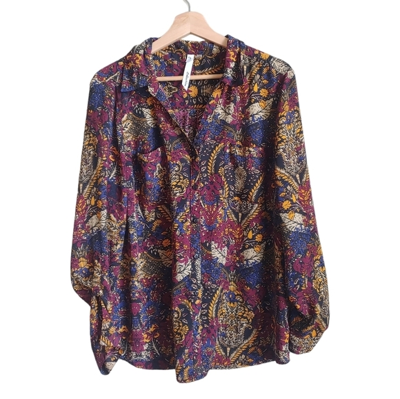 Buckle Tops - BUCKLE NY Collection Wine Multi Printed Utility Shirt Size Large